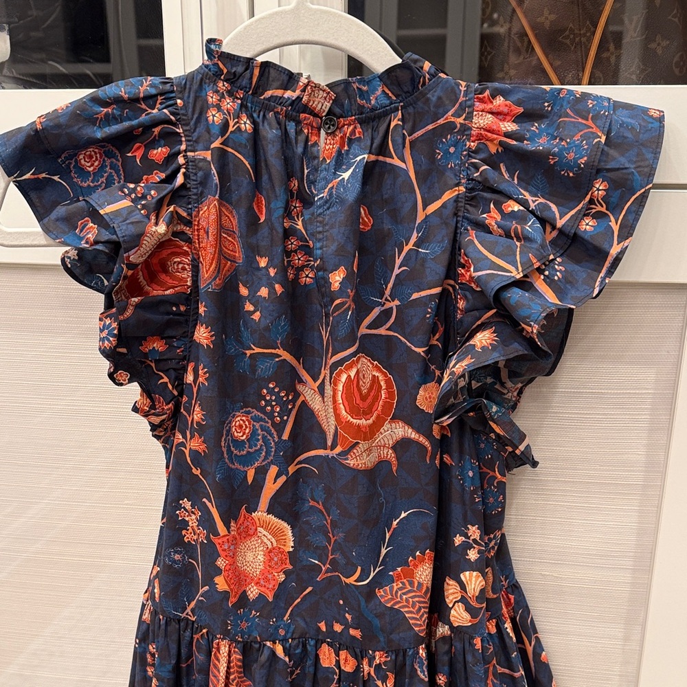 Ulla Johnson Floral Ruffle Dress in Navy and Orange - Picture 5 of 6